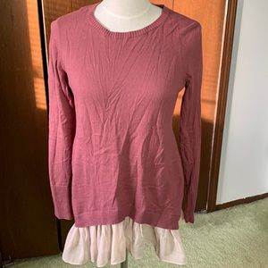 Plum sweater top with soft silky fringe ruffled trim